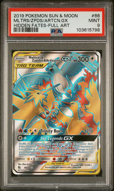 2019 Pokemon Sun & Moon Hidden Fates 66 Full Art/moltres & Zapdos & Articuno Gx — PSA 9, cert 103615798