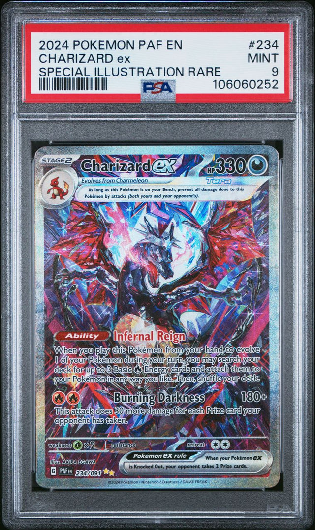 Pokémon Charizard EX #234 Paldean Fates Special Illustration Rare 2024 English PSA 9 Graded Trading Card Cert 106060252 — slab front and PSA certification label, cert 106060252