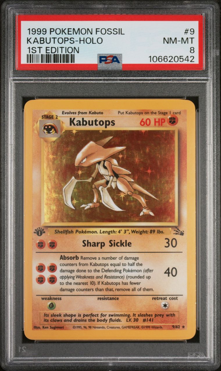 1999 Pokemon Fossil 9 Kabutops-Holo 1st Edition — PSA 8, cert 106620542