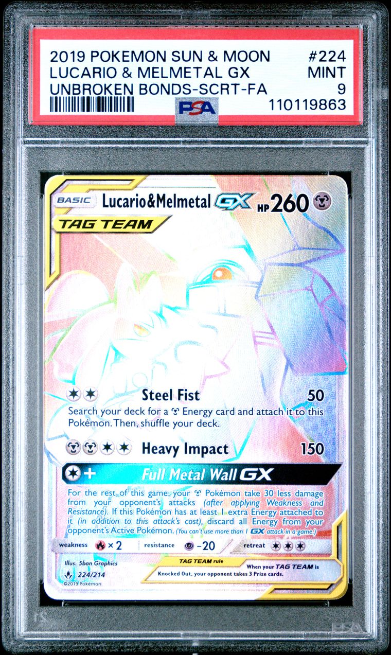 2019 Pokemon Sun & Moon Unbroken Bonds 224 Full Art/lucario & Melmetal Gx Secret — PSA 9, cert 110119863
