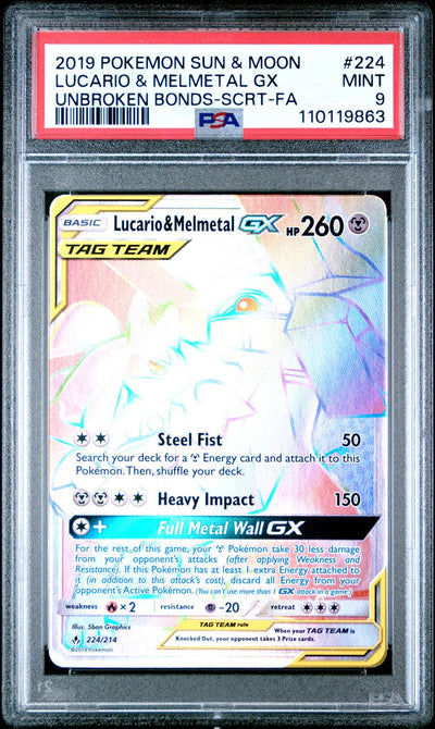 2019 Pokemon Sun & Moon Unbroken Bonds 224 Full Art/lucario & Melmetal Gx Secret — PSA 9, cert 110119863
