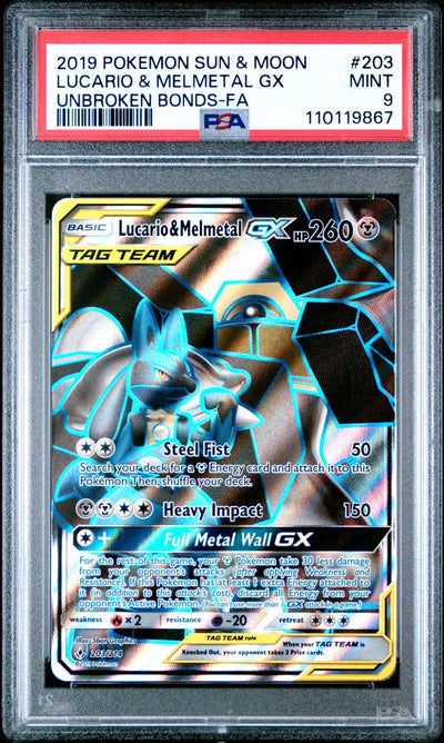 2019 Pokemon Sun & Moon Unbroken Bonds 203 Full Art/lucario & Melmetal Gx — PSA 9, cert 110119867