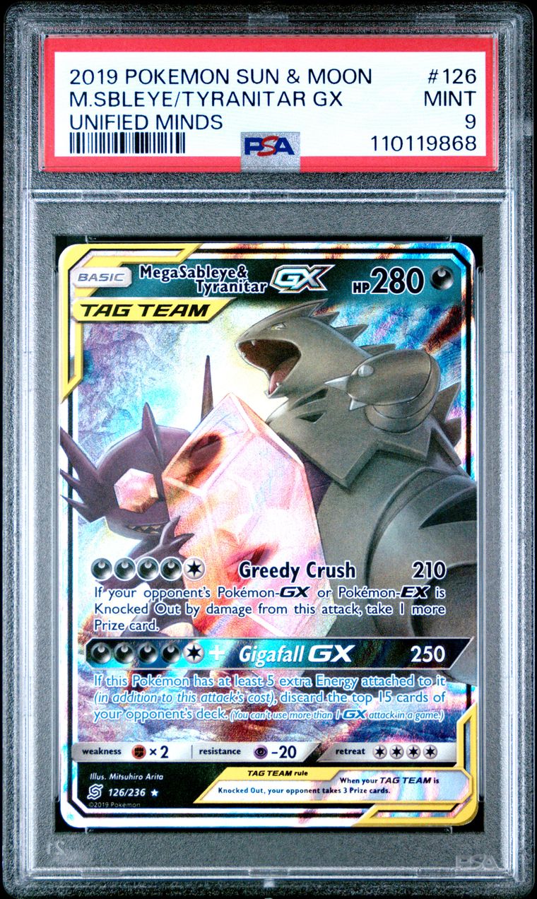 2019 Pokemon Sun & Moon Unified Minds 126 Mega Sableye & Tyranitar Gx — PSA 9, cert 110119868