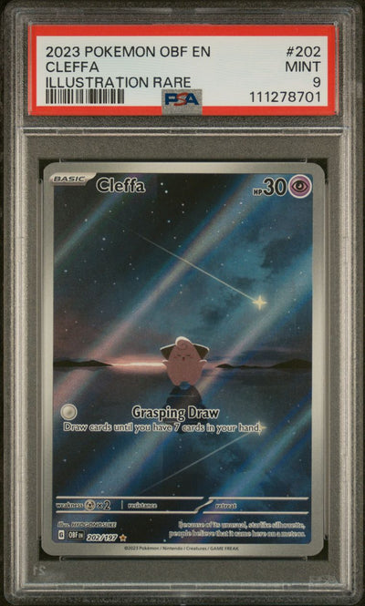 Pokémon Cleffa #202 Obsidian Flames Illustration Rare 2023 English PSA 9 Graded Trading Card — slab front and PSA certification label, cert 111278701