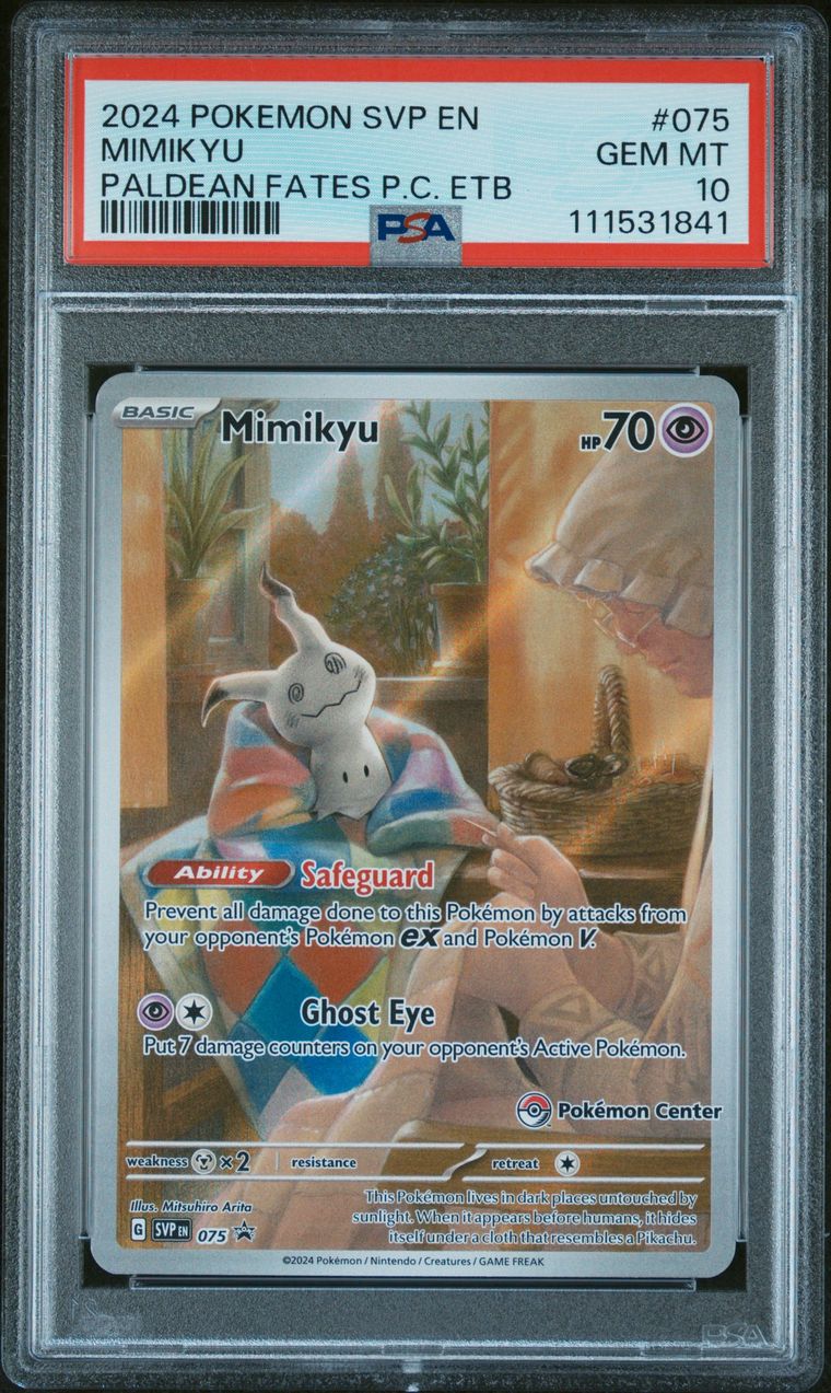 Pokémon Mimikyu #075 Paldean Fates Pc Etb PSA 10 Graded Trading Card, cert 111531841