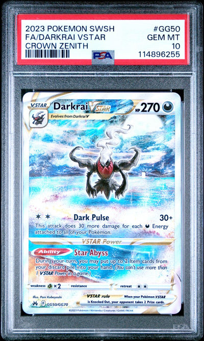 Pokémon Darkrai VSTAR #GG50 Sword and Shield Crown Zenith Full Art 2023 English PSA 10, front of PSA slab with certification label, cert 114896255