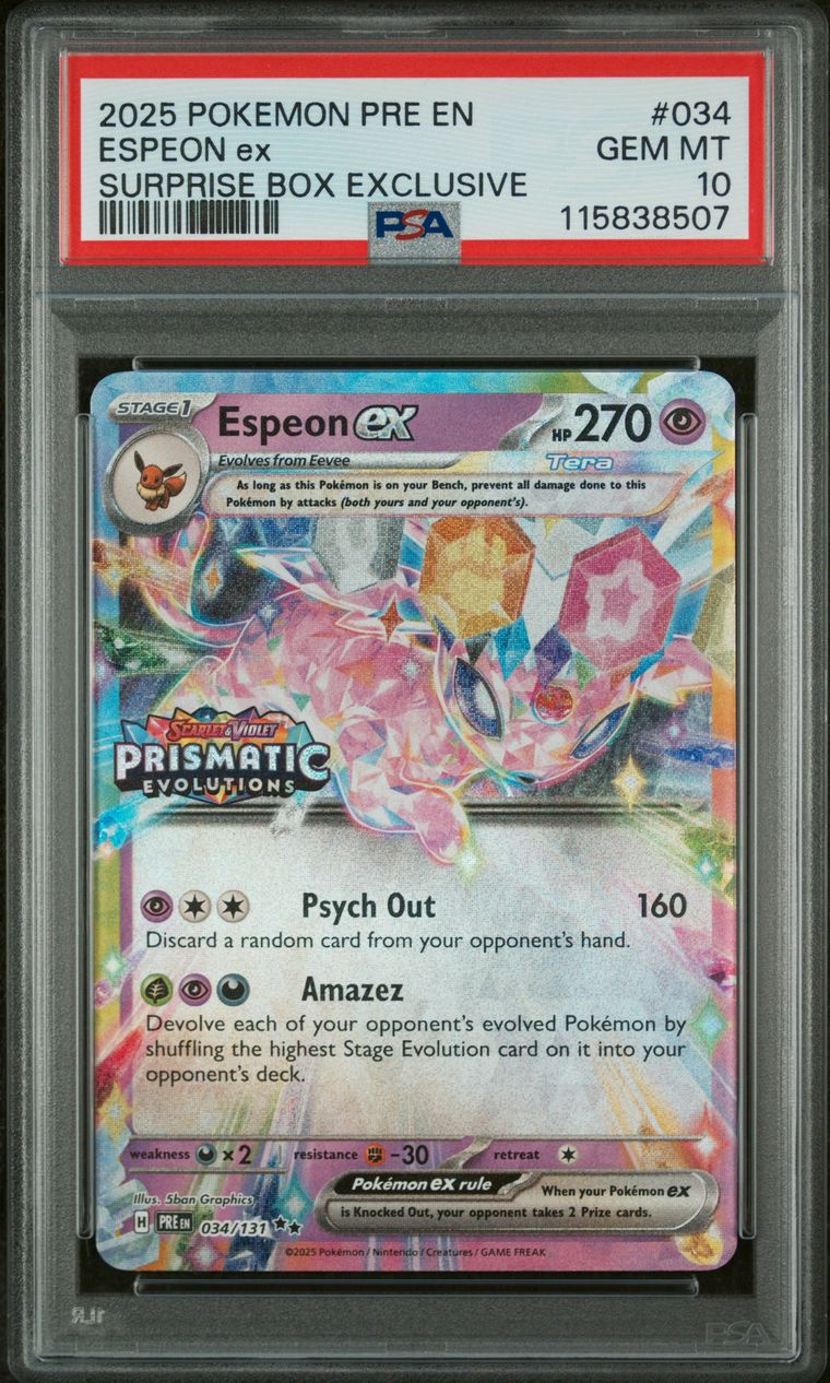 2025 Pokemon Pre En-Prismatic Evolutions 034 Espeon Ex Surprise Box Exclusive — PSA 10, cert 115838507