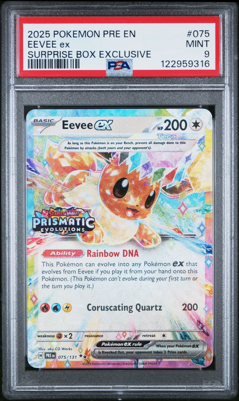 Pokémon Eevee EX #075 Prismatic Evolutions Surprise Box Exclusive 2025 English PSA 9 Graded Trading Card — slab front and PSA certification label, cert 122959316