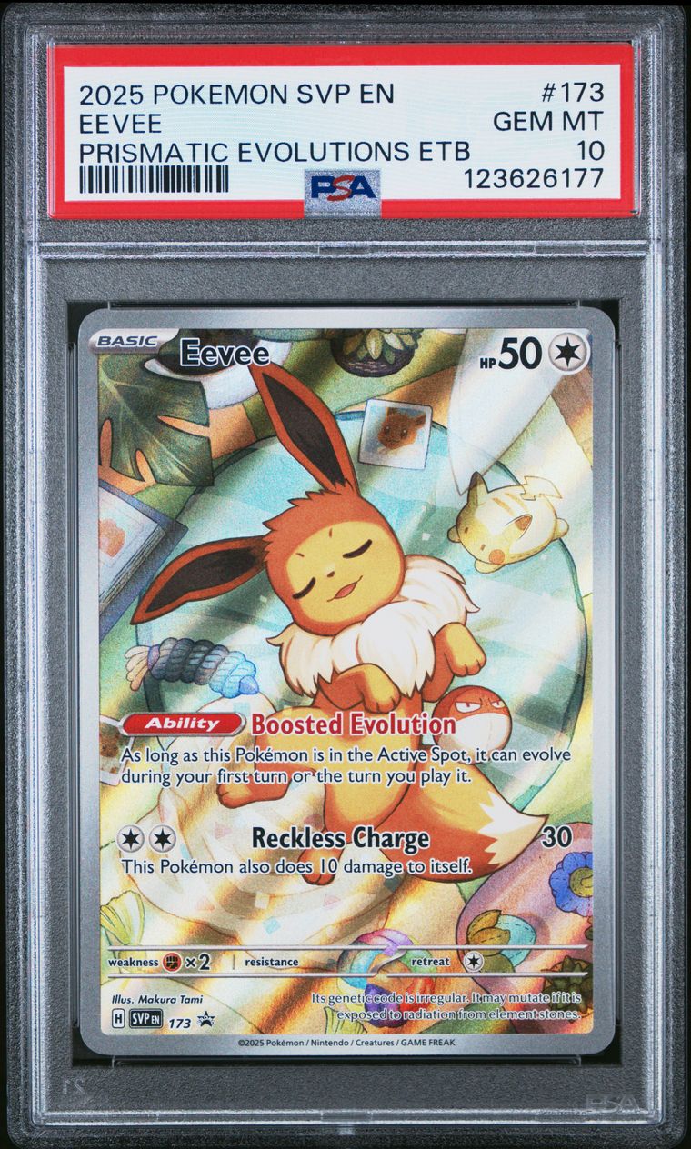 Pokémon Eevee #173 Prismatic Evolutions Etb PSA 10 Graded Trading Card, cert 123626177