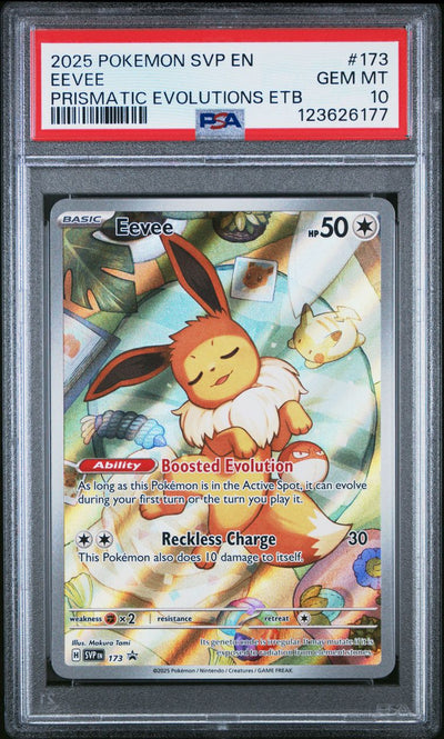 Pokémon Eevee #173 Sv Black Star Promo Prismatic Evolutions Etb 2025 English PSA 10, front of PSA slab with certification label, cert 123626177