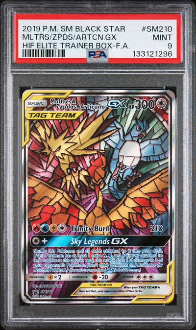 Moltres & Zapdos & Articuno Gx Hidden Fates Elite Trainer Box — PSA 9, cert 133121296