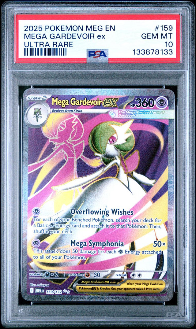 Pokémon Mega Gardevoir EX #159 Mega Evolution Ultra Rare 2025 English PSA 10 Graded Trading Card — slab front and PSA certification label, cert 133878133
