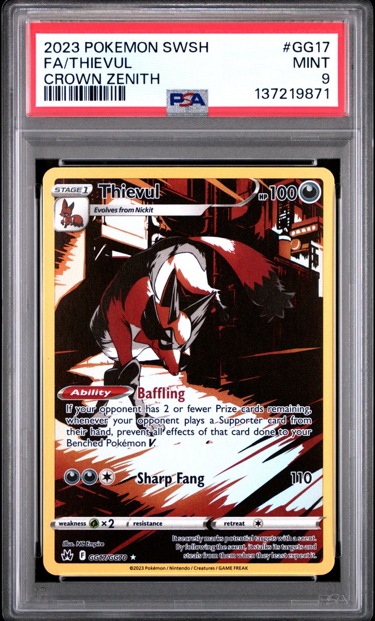 Pokémon Thievul #GG17 Full Art PSA 9 Graded Trading Card, cert 137219871