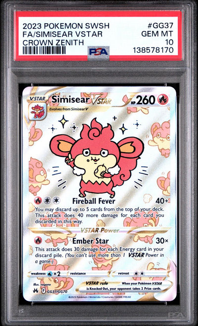 Pokémon Simisear VSTAR #GG37 Sword and Shield Crown Zenith Full Art 2023 English PSA 10, front of PSA slab with certification label, cert 138578170