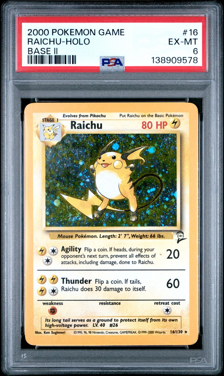 Pokémon Raichu #16 Holofoil PSA 6 Graded Trading Card, cert 138909578
