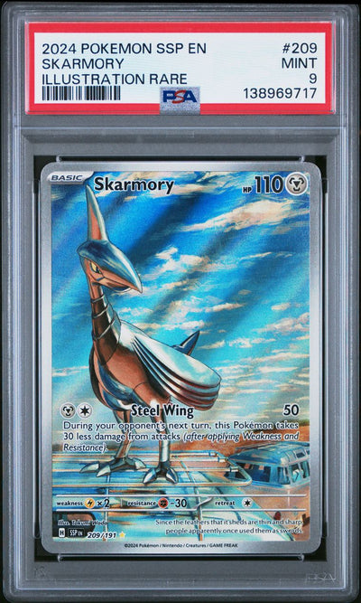Pokémon Skarmory #209 Surging Sparks Illustration Rare 2024 English PSA 9 Graded Trading Card — slab front and PSA certification label, cert 138969717