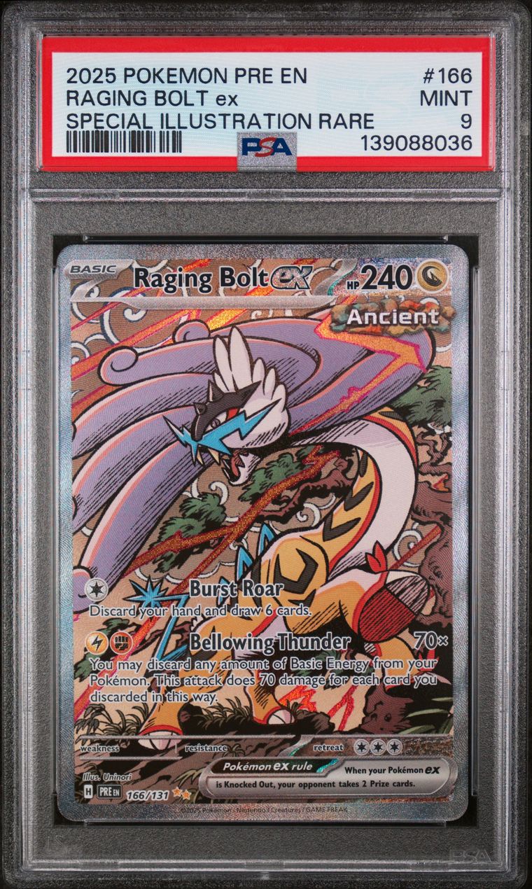 Pokémon Raging Bolt EX #166 Special Illustration Rare PSA 9 Graded Trading Card, cert 139088036