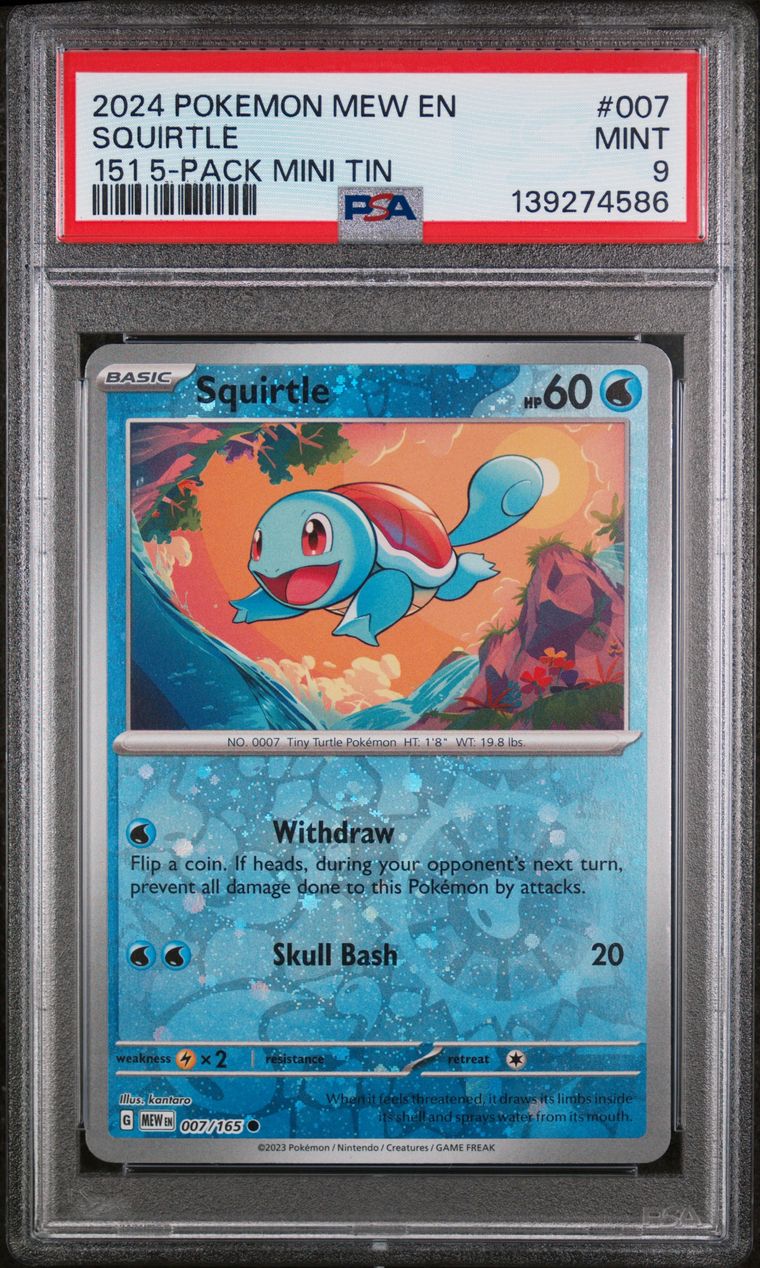 Pokémon Squirtle #007 151 151 5-Pack Mini Tin 2024 English PSA 9 Graded Trading Card — slab front and PSA certification label, cert 139274586