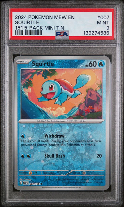 Pokémon Squirtle #007 151 151 5-Pack Mini Tin 2024 English PSA 9 Graded Trading Card — slab front and PSA certification label, cert 139274586