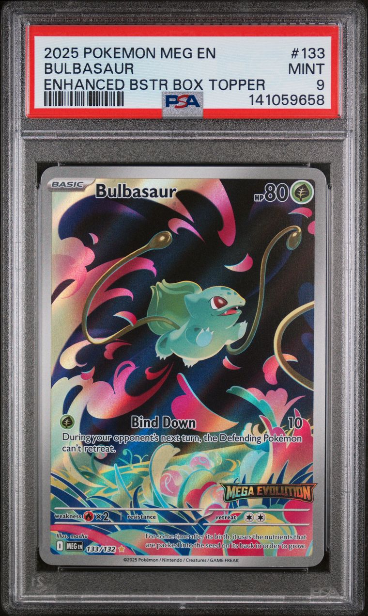 Bulbasaur Enhanced Booster Box Topper — PSA 9, cert 141059658