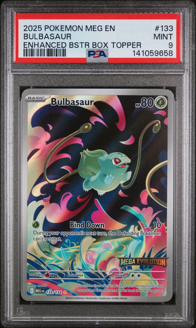 Bulbasaur Enhanced Booster Box Topper — PSA 9, cert 141059658