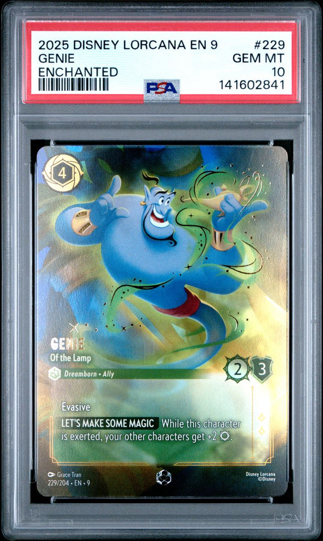 Disney Lorcana Genie #229 En 9-Fabled Enchanted 2025 English PSA 10, front of PSA slab with certification label, cert 141602841