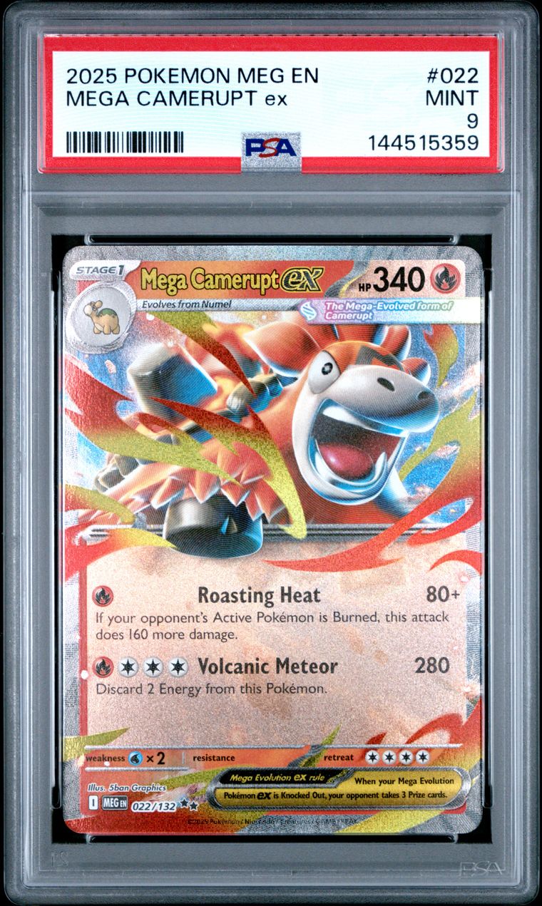 Pokémon Mega Camerupt EX #022 Mega Evolution 2025 English PSA 9 Graded Trading Card — slab front and PSA certification label, cert 144515359