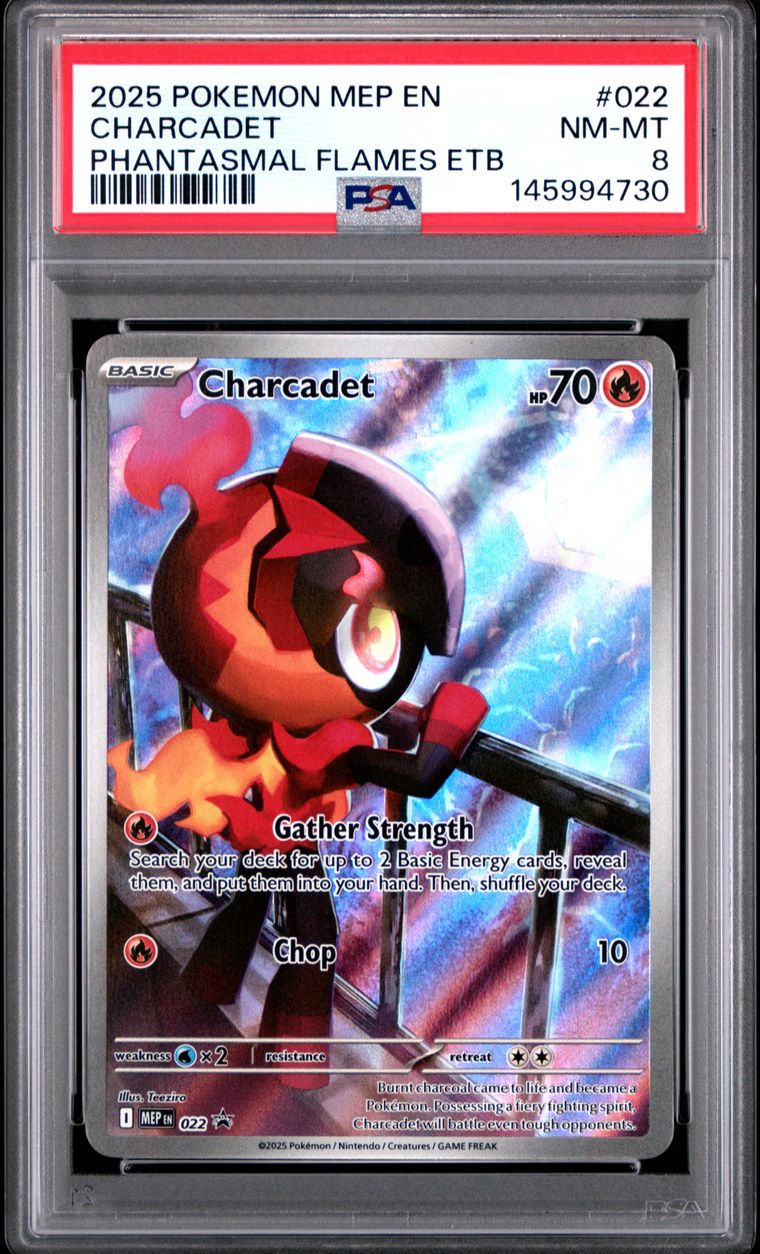 Pokémon Charcadet #022 Phantasmal Flames Etb PSA 8 Graded Trading Card, cert 145994730
