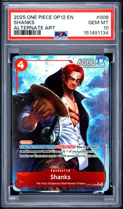 One Piece Shanks #008 Op12-Legacy of the Master Alternate Art 2025 English PSA 10, front of PSA slab with certification label, cert 151491134