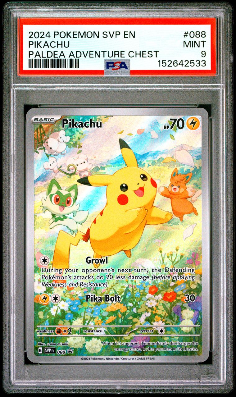 Pikachu Paldea Adventure Chest — PSA 9, cert 152642533