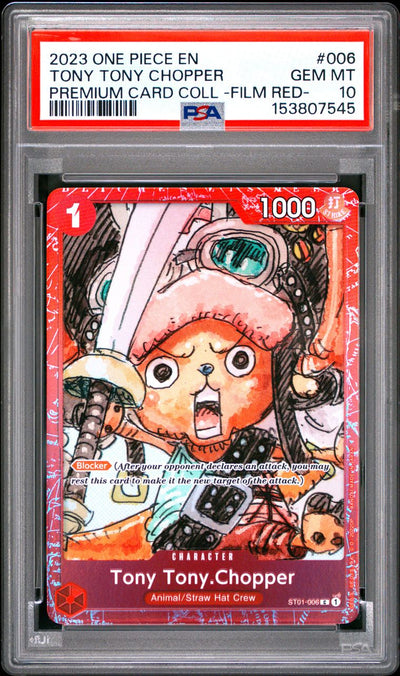 One Piece Tony Tony Chopper #006 Premium Card Collection -One Piece Film Red- 2023 English PSA 10, front of PSA slab with certification label, cert 153807545