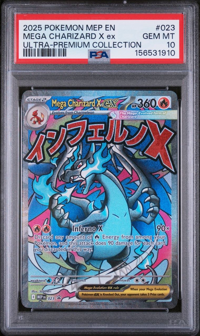 Pokémon Mega Charizard X EX #023 Me Black Star Promo Ultra-Premium Collection 2025 English PSA 10 Graded Trading Card — slab front and PSA certification label, cert 156531910