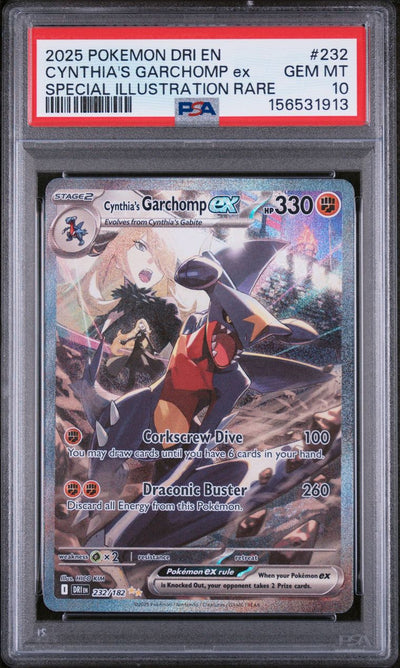 Pokémon Cynthia's Garchomp EX #232 Destined Rivals Special Illustration Rare 2025 English PSA 10 Graded Trading Card — slab front and PSA certification label, cert 156531913