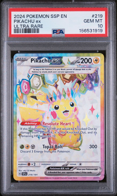 Pokémon Pikachu EX #219 Surging Sparks Ultra Rare 2024 English PSA 10 Graded Trading Card — slab front and PSA certification label, cert 156531919