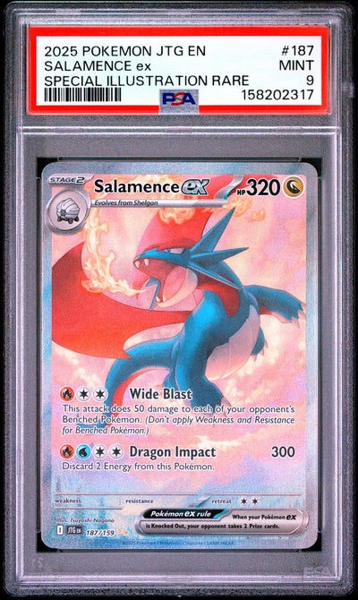 Pokémon Salamence EX #187 Journey Together Special Illustration Rare 2025 English PSA 9, front of PSA slab with certification label, cert 158202317
