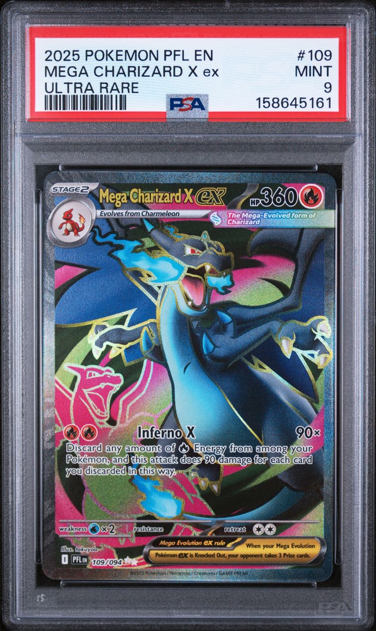 Pokémon Mega Charizard X EX #109 Phantasmal Flames Ultra Rare 2025 English PSA 9 Graded Trading Card — slab front and PSA certification label, cert 158645161