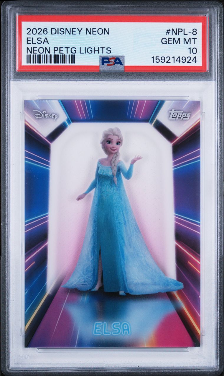 Topps Disney Elsa #NPL-8 Neon Illuminated Neon Lights 2026 English PSA 10 Graded Trading Card — slab front and PSA certification label, cert 159214924