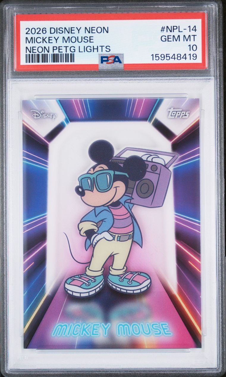 Topps Disney Mickey Mouse #NPL-14 Neon Illuminated Neon Lights 2026 English PSA 10 Graded Trading Card — slab front and PSA certification label, cert 159548419