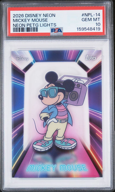 Topps Disney Mickey Mouse #NPL-14 Neon Illuminated Neon Lights 2026 English PSA 10 Graded Trading Card — slab front and PSA certification label, cert 159548419