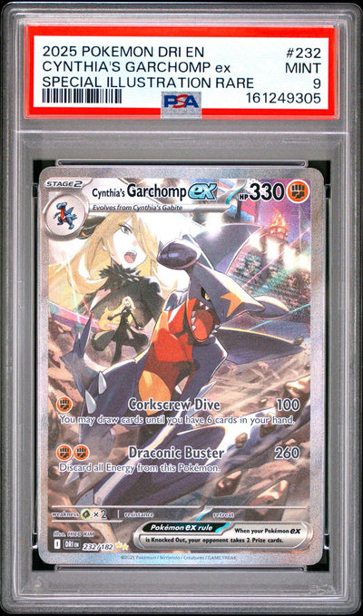 Pokémon Cynthia's Garchomp EX #232 Destined Rivals Special Illustration Rare 2025 English PSA 9 Graded Trading Card — slab front and PSA certification label, cert 161249305