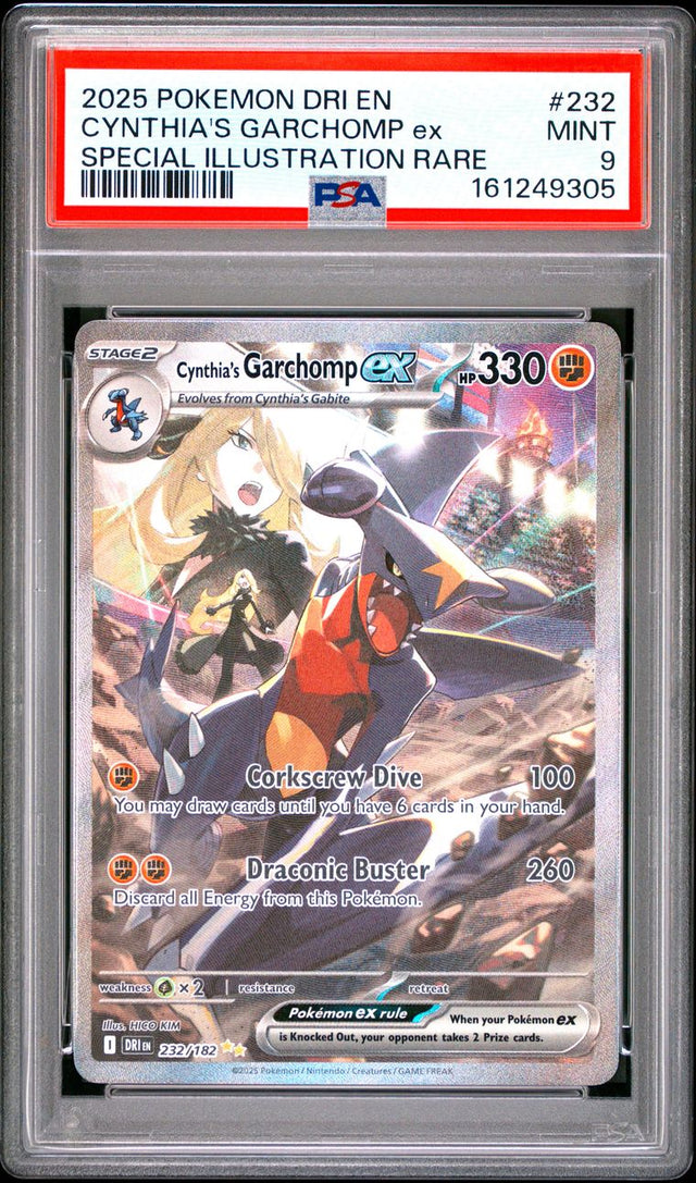 Pokémon Cynthia's Garchomp EX #232 Destined Rivals Special Illustration Rare 2025 English PSA 9 Graded Trading Card — slab front and PSA certification label, cert 161249305