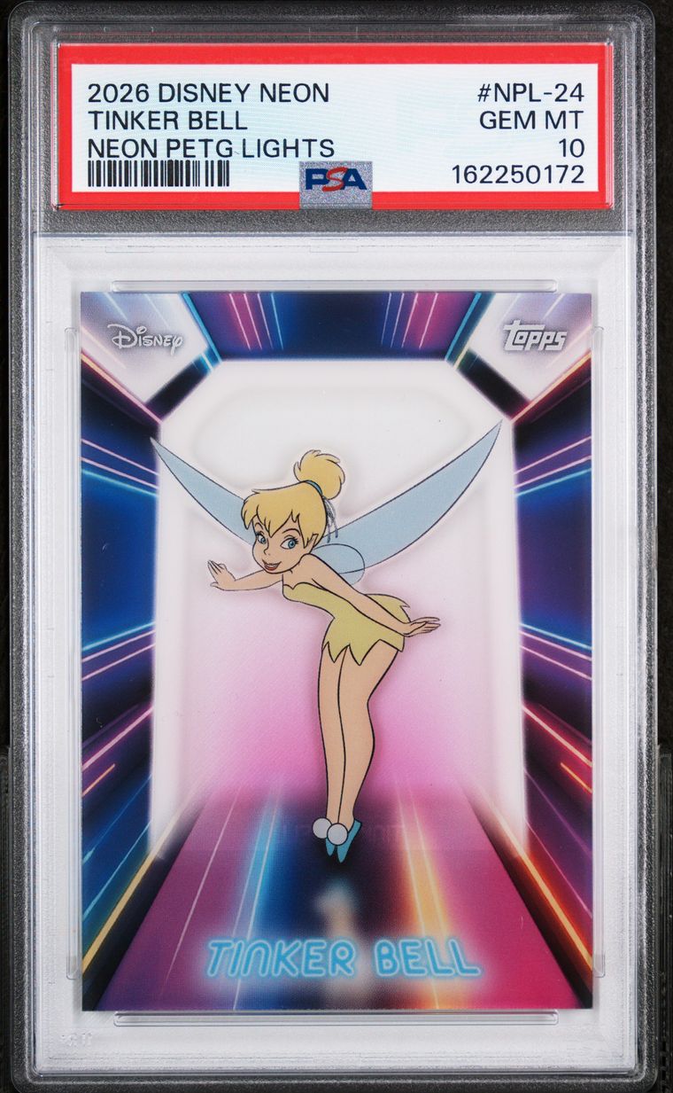 Topps Disney Tinker Bell #NPL-24 Neon Illuminated Neon Lights 2026 English PSA 10 Graded Trading Card — slab front and PSA certification label, cert 162250172