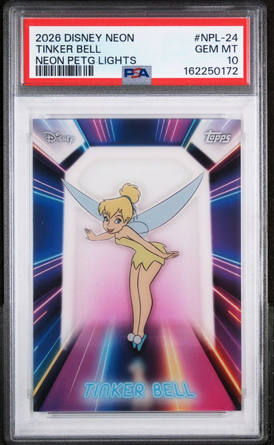 Topps Disney Tinker Bell #NPL-24 Neon Illuminated Neon Lights 2026 English PSA 10 Graded Trading Card — slab front and PSA certification label, cert 162250172