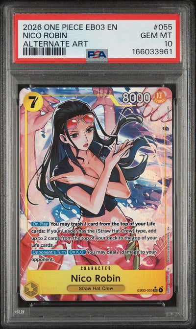 One Piece Nico Robin #055 Eb03-Extra Booster -One Piece Heroines Edition- Alternate Art 2026 English PSA 10, front of PSA slab with certification label, cert 166033961
