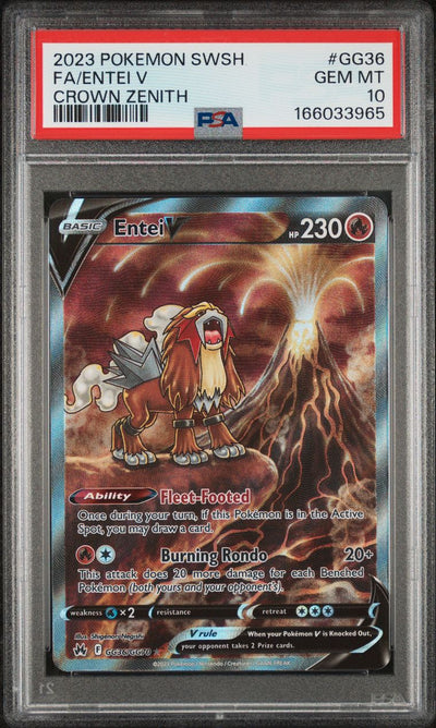Pokémon Entei V #GG36 Sword and Shield Crown Zenith Full Art 2023 English PSA 10, front of PSA slab with certification label, cert 166033965