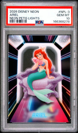 Topps Disney Ariel #NPL-3 Neon Illuminated Neon Lights 2026 English PSA 10 Graded Trading Card — slab front and PSA certification label, cert 166368278