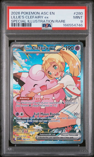 Pokémon Lillie's Clefairy EX #280 Ascended Heroes Special Illustration Rare 2026 English PSA 9 Graded Trading Card — slab front and PSA certification label, cert 166554746