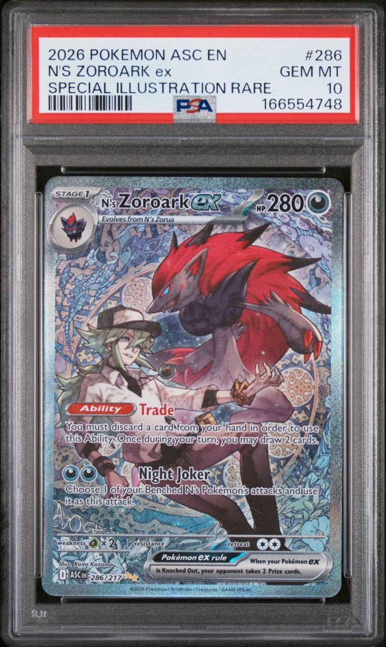 Pokémon N's Zoroark EX #286 Ascended Heroes Special Illustration Rare 2026 English PSA 10 Graded Trading Card — slab front and PSA certification label, cert 166554748