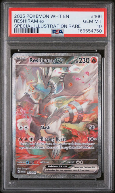 Pokémon Reshiram EX #166 White Flare Special Illustration Rare 2025 English PSA 10 Graded Trading Card — slab front and PSA certification label, cert 166554750