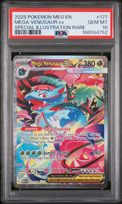 Pokémon Mega Venusaur EX #177 Mega Evolution Special Illustration Rare 2025 English PSA 10 Graded Trading Card — slab front and PSA certification label, cert 166554752